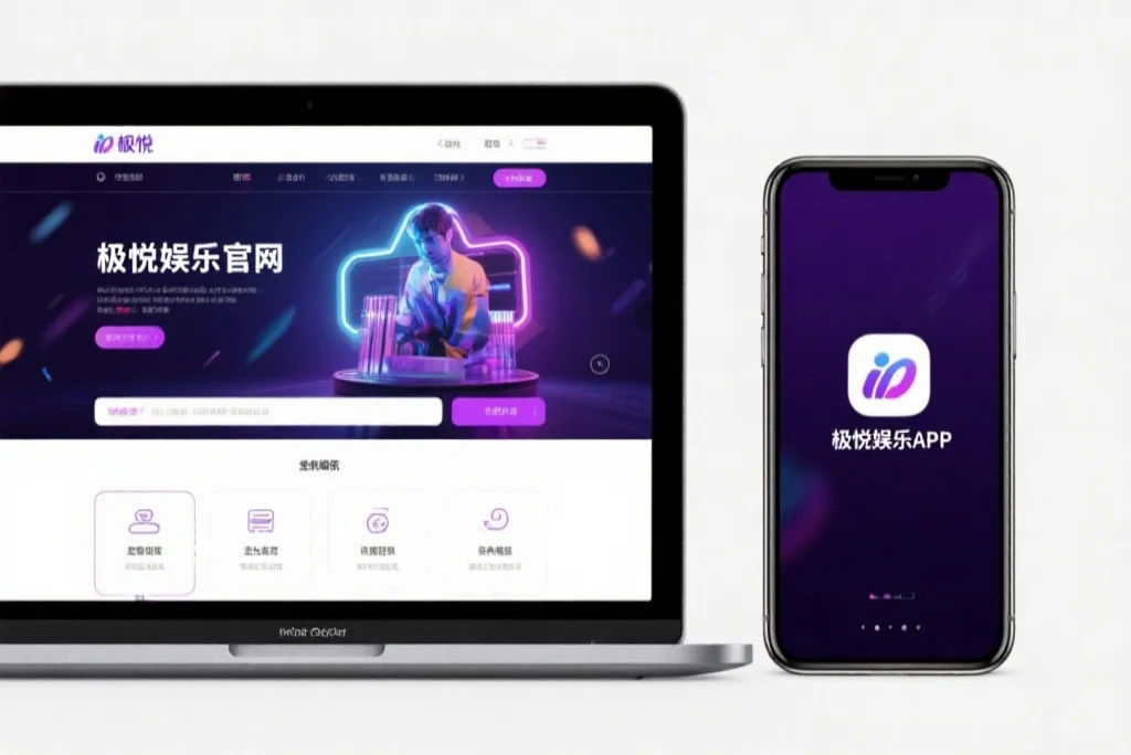 一台笔记本电脑屏幕上显示着天狮娱乐官网的界面，旁边是一部手机显示着天狮娱乐APP，两者并列对比